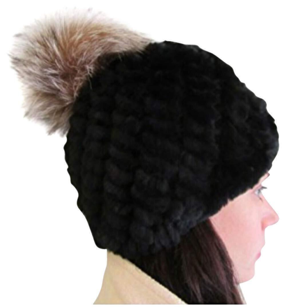 7761 Knit Black Rex Rabbit Beanie Cap Skully Hat with Crystal Fox Pom Pom